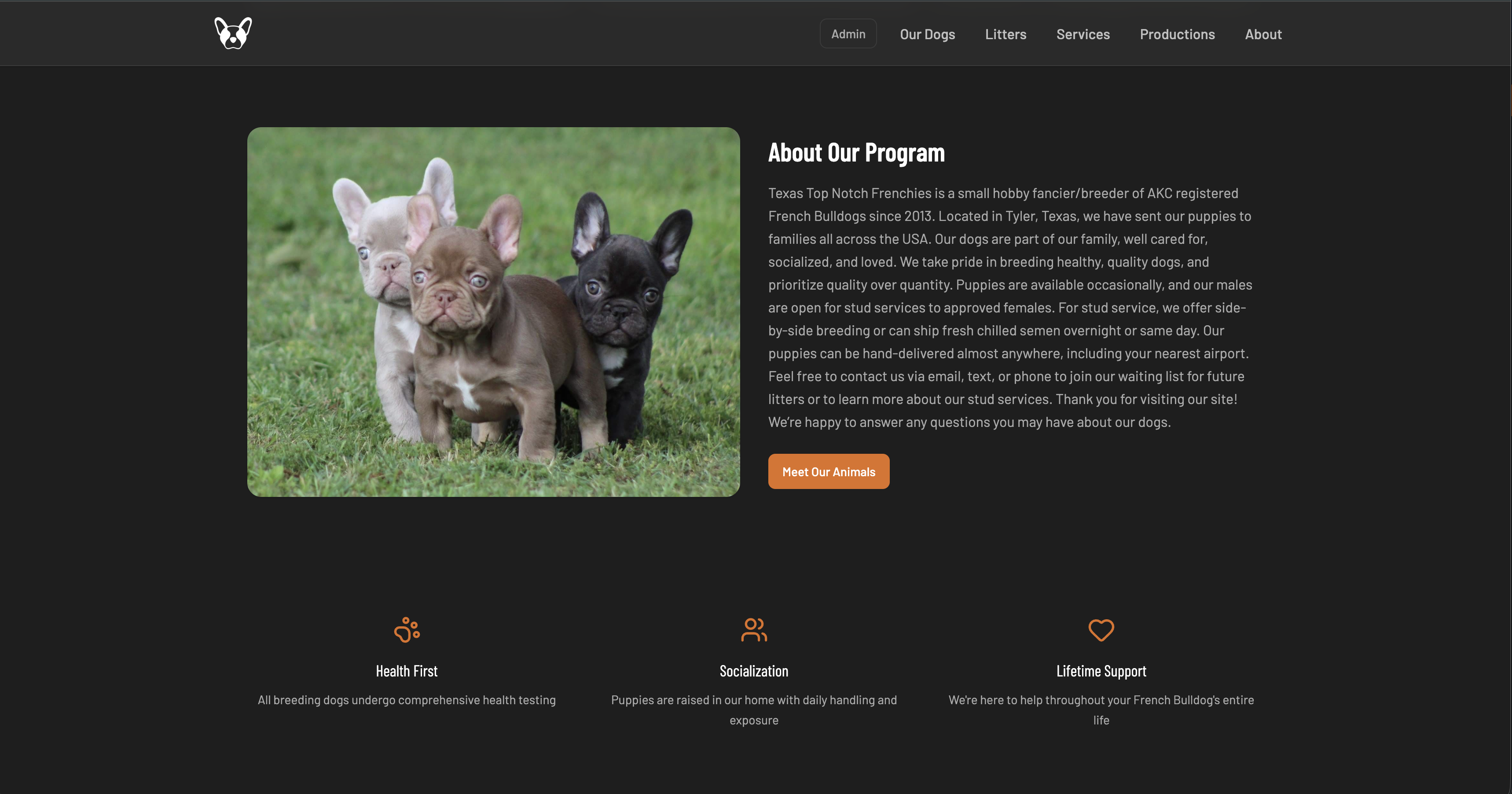 Texas Top Notch Frenchies home page, built on Breed Ledger