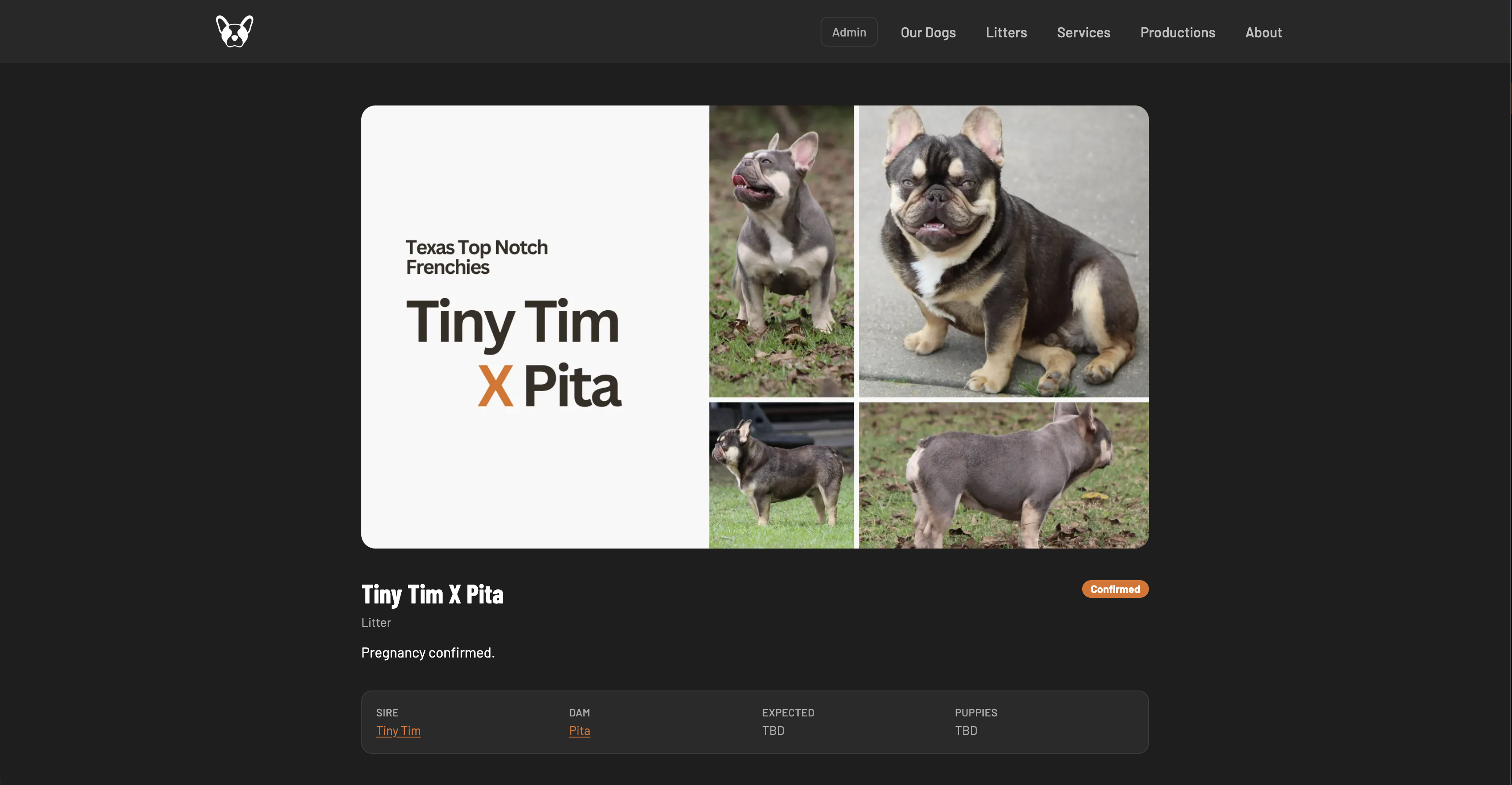 A Breed Ledger litter page: Tiny Tim x Pita, pregnancy confirmed, with sire and dam