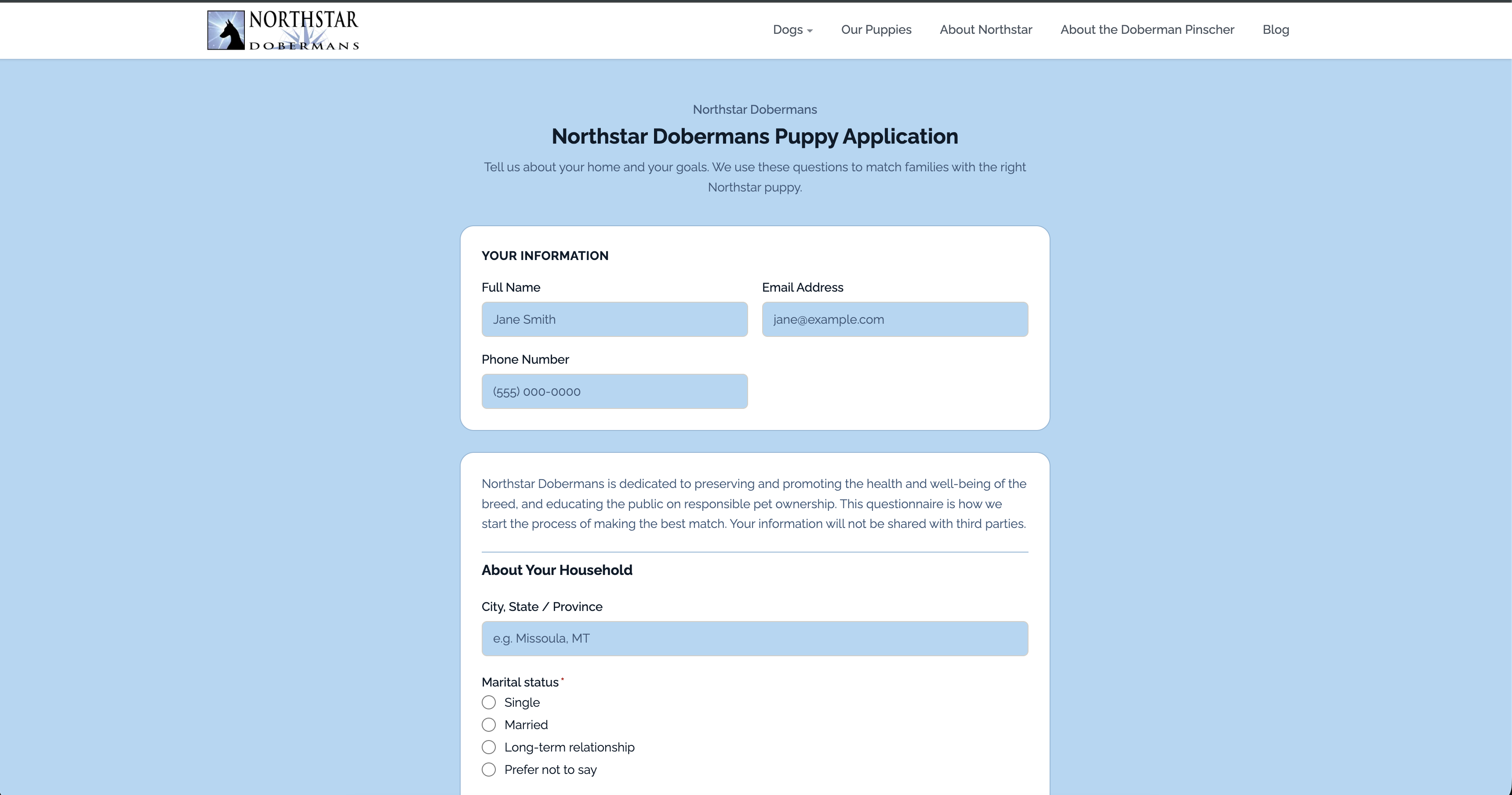 The Northstar Dobermans puppy application form on Breed Ledger